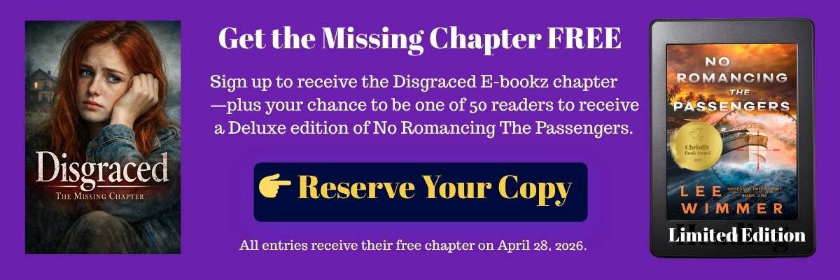 Promotional graphic for the book 'Disgraced: The Missing Chapter' featuring a young woman on the cover, with details about signing up for a free chapter and a chance to receive a deluxe edition of 'No Romancing The Passengers'.